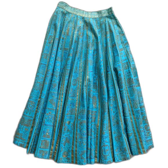 1950s MAYA de MEXICO Mayan Hieroglyph Hand Painted Aqua/Gold Circle Skirt sz. XS - Picture 12 of 14